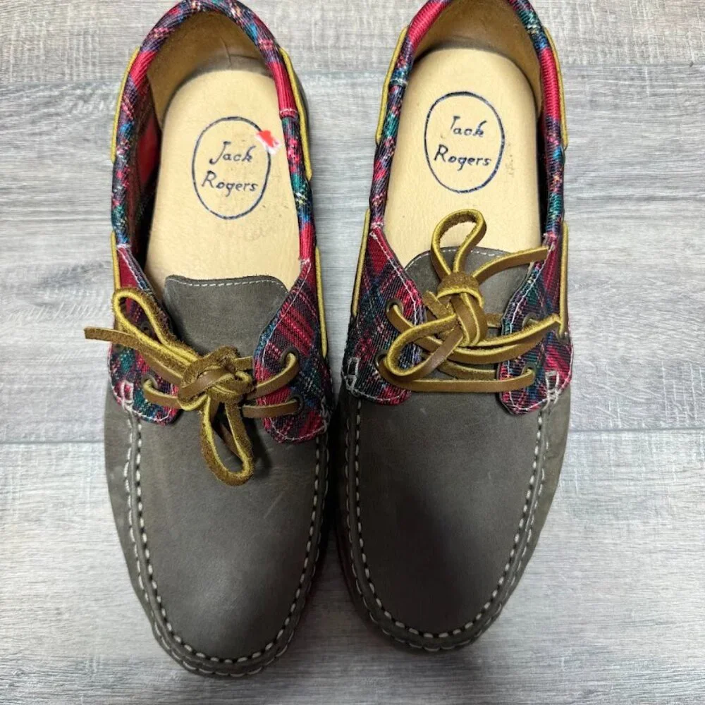 Jack Rogers Easton Brown Leather Plaid Boat Shoes Men's Size 8.5